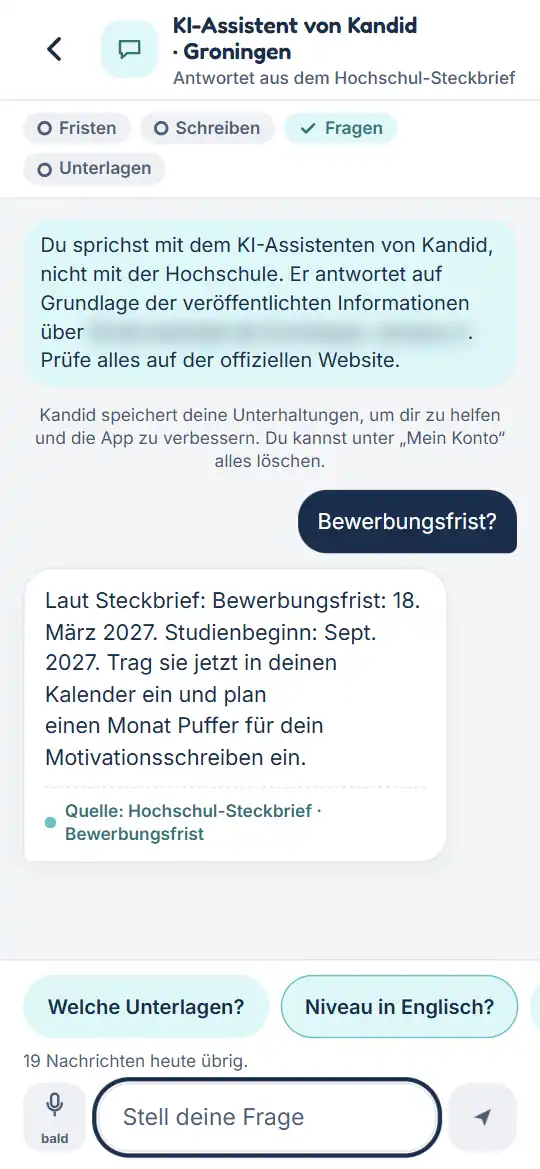 Fragen zu einer Uni: eine Frage und ihre Antwort mit Quelle.
