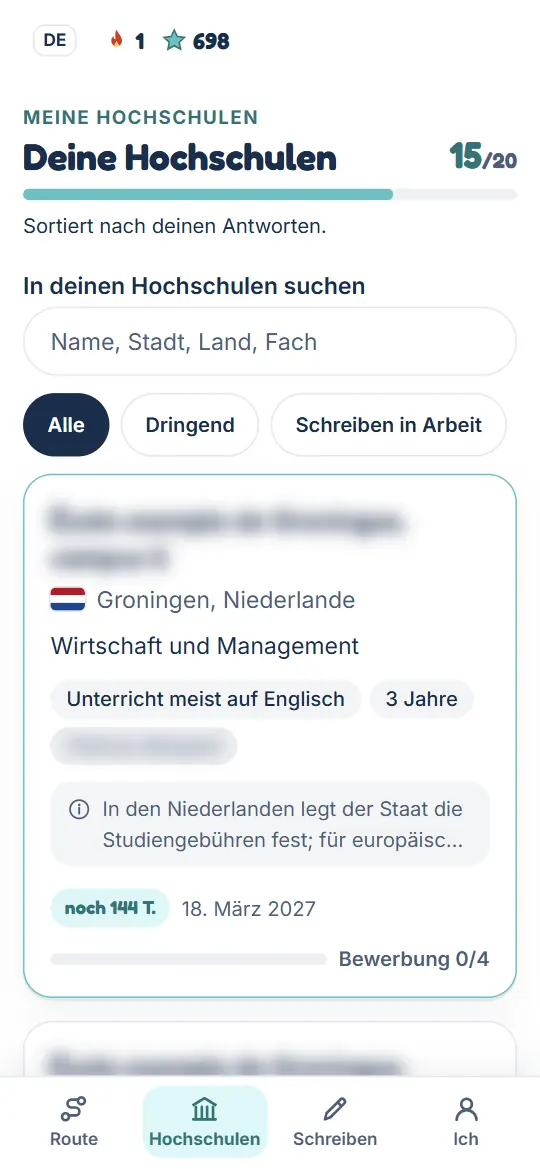 Die Liste deiner Unis, sortiert nach deinen Antworten