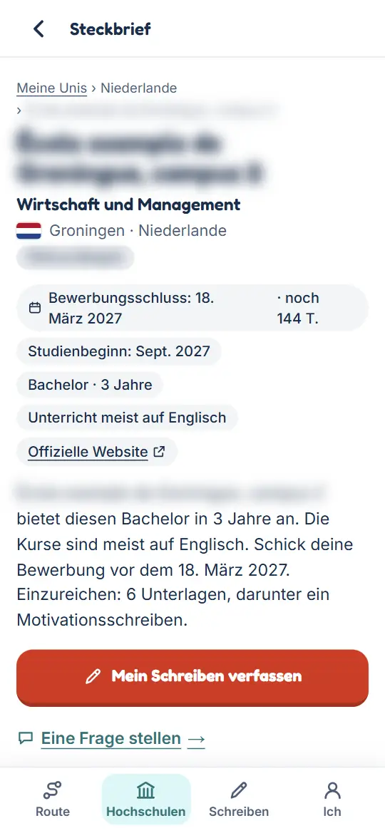 Eine Uni-Seite: Frist, Studienstart, Unterrichtssprache