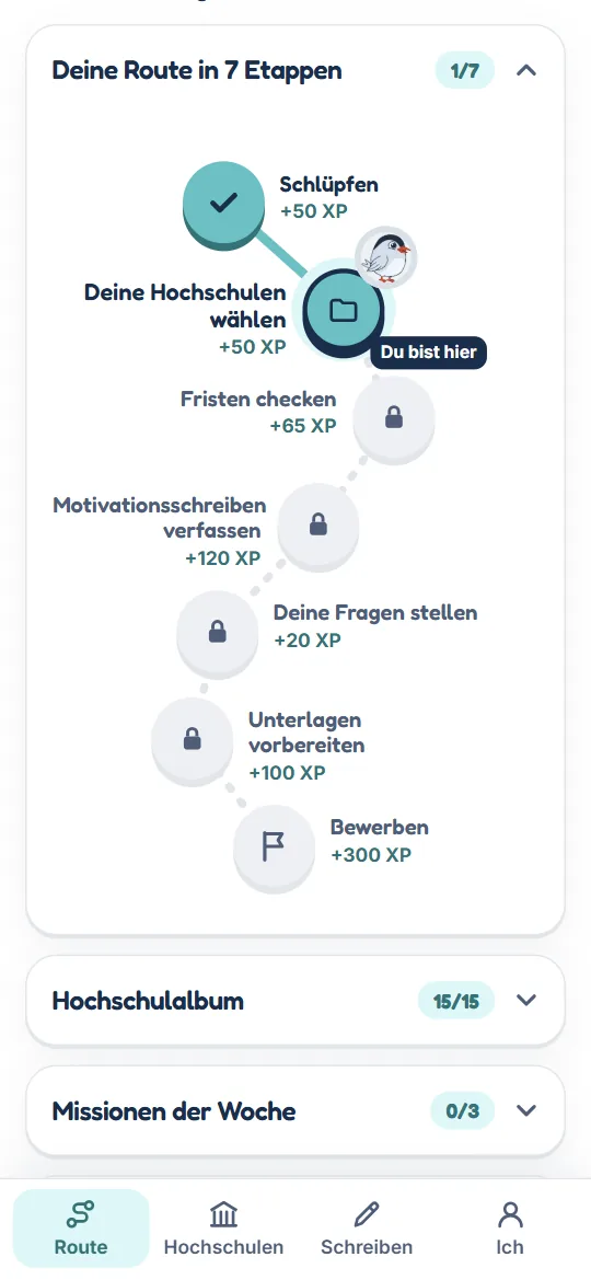 Die Route: der Schritt des Tages und dein Fortschritt