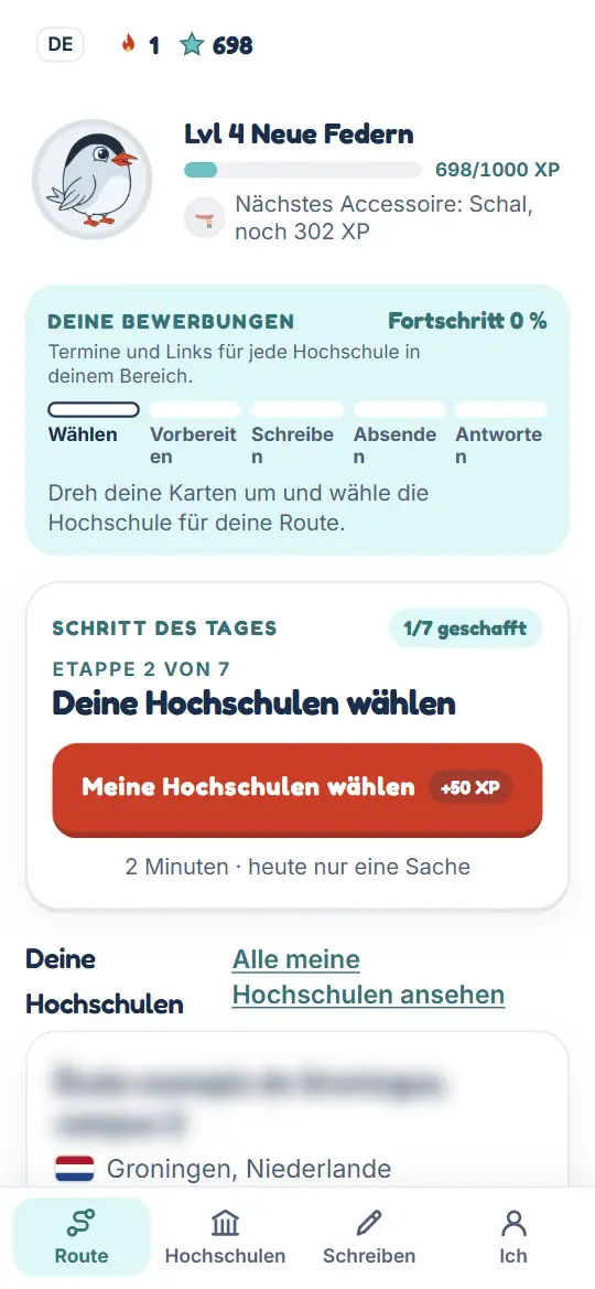 Deine XP, dein Level und deine Serie oben in deinem Bereich