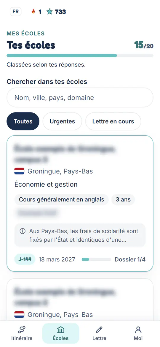 La liste de tes écoles, classées selon tes réponses