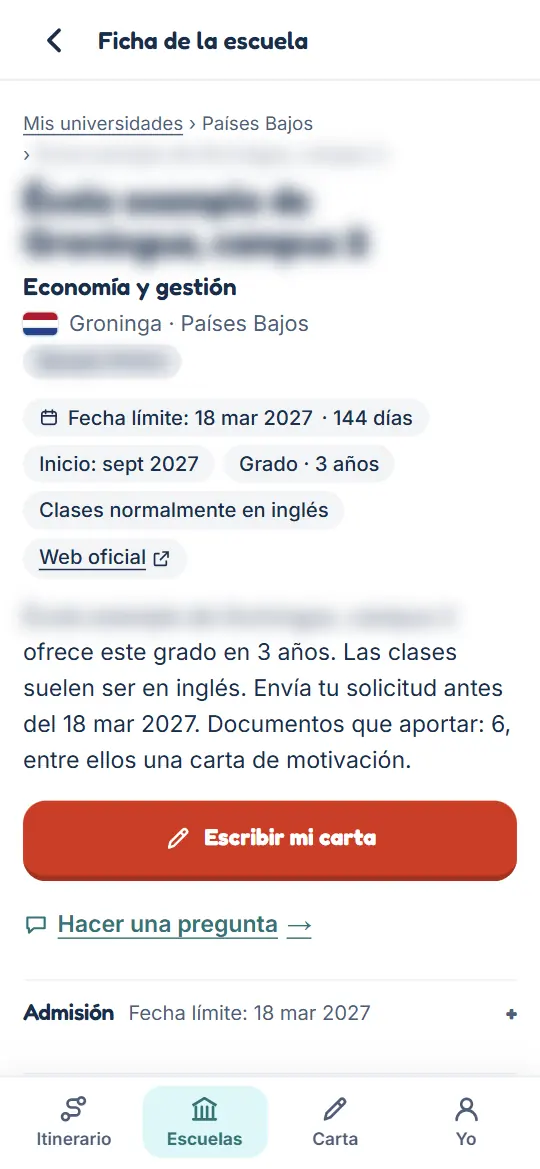 Una ficha de universidad: fecha límite, inicio del curso, idioma de las clases