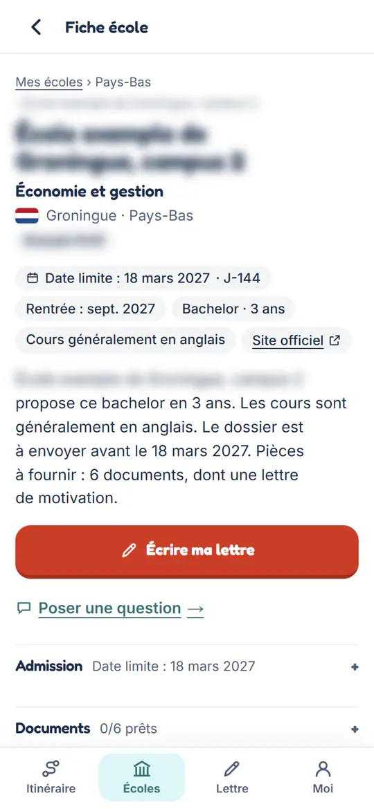 Une fiche école : date limite, rentrée, langue des cours