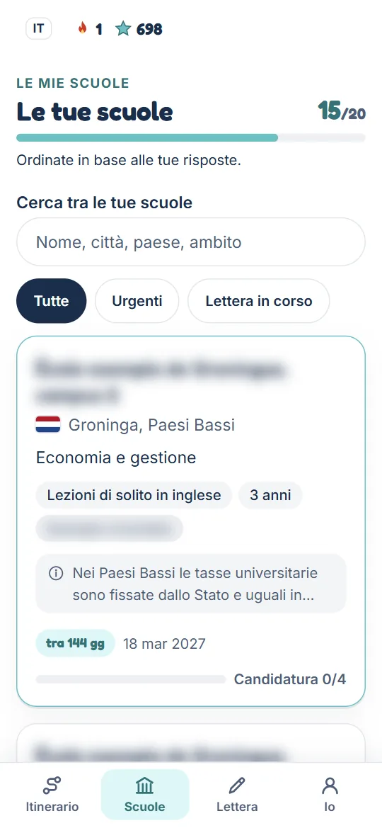 L'elenco delle tue università, ordinate in base alle tue risposte