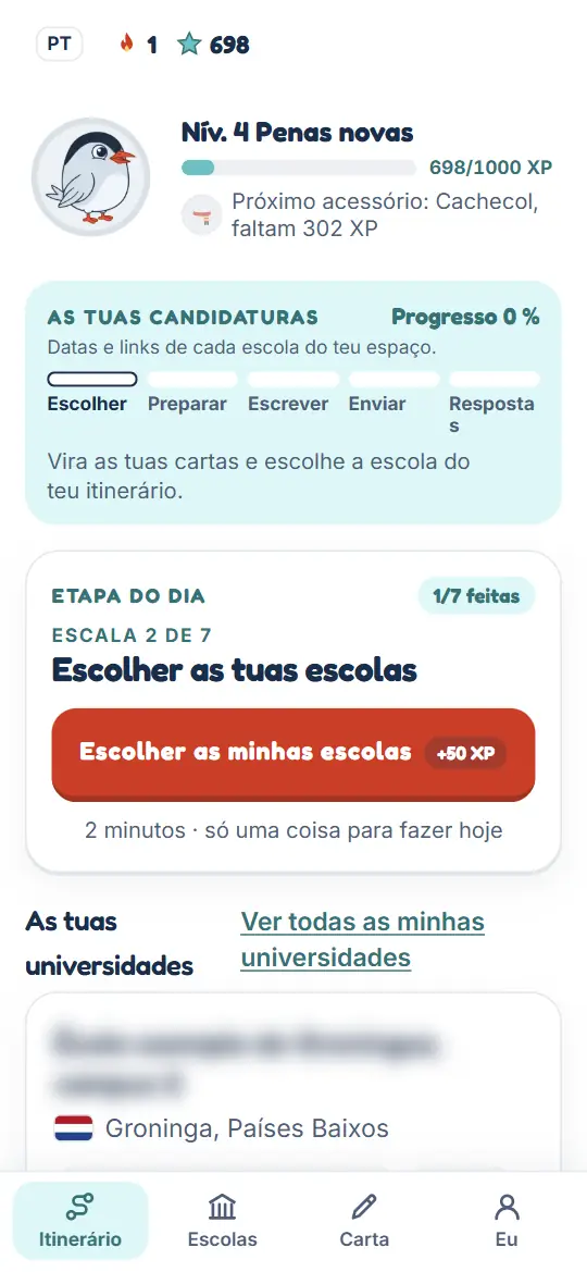 Os teus XP, o teu nível e a tua série no topo do teu espaço