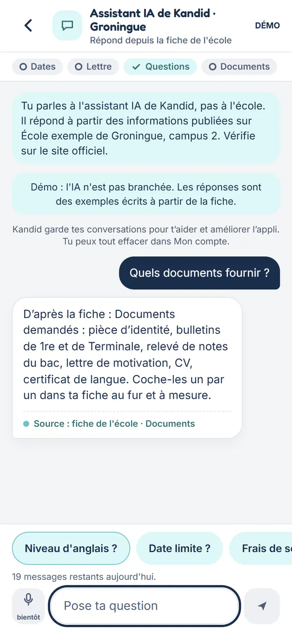 Écran des questions sur une école : une question et sa réponse sourcée.