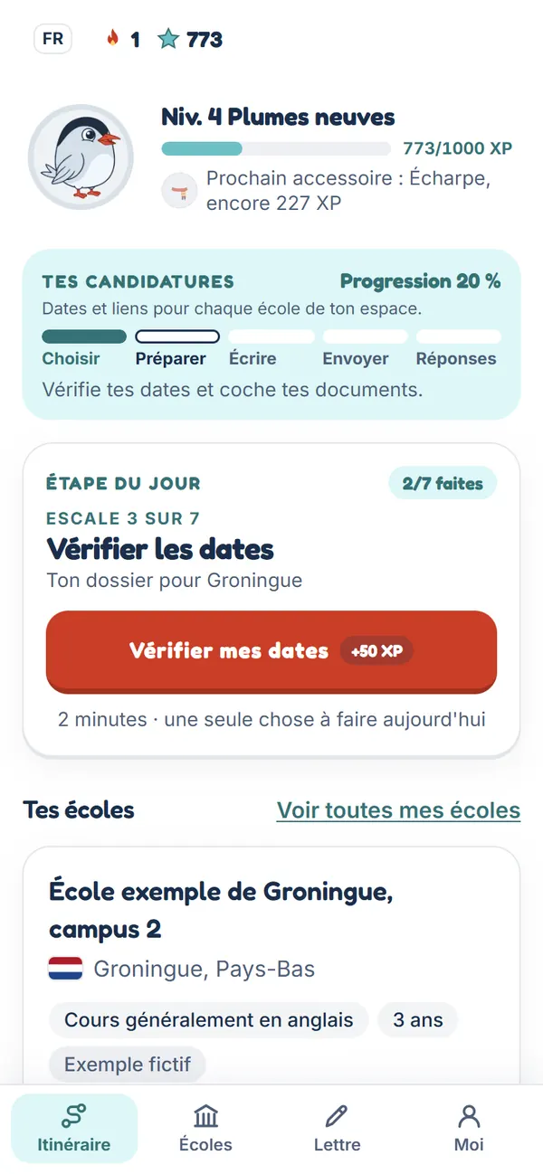 Écran de l'itinéraire : l'étape du jour et tes candidatures.