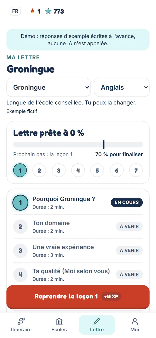Écran de l'atelier lettre : les leçons et la progression.