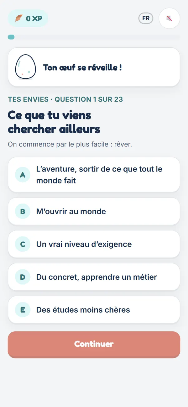Écran du test : une question et ses cinq réponses.