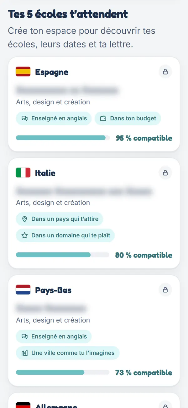 Écran du résultat : des écoles par pays, avec leurs raisons.